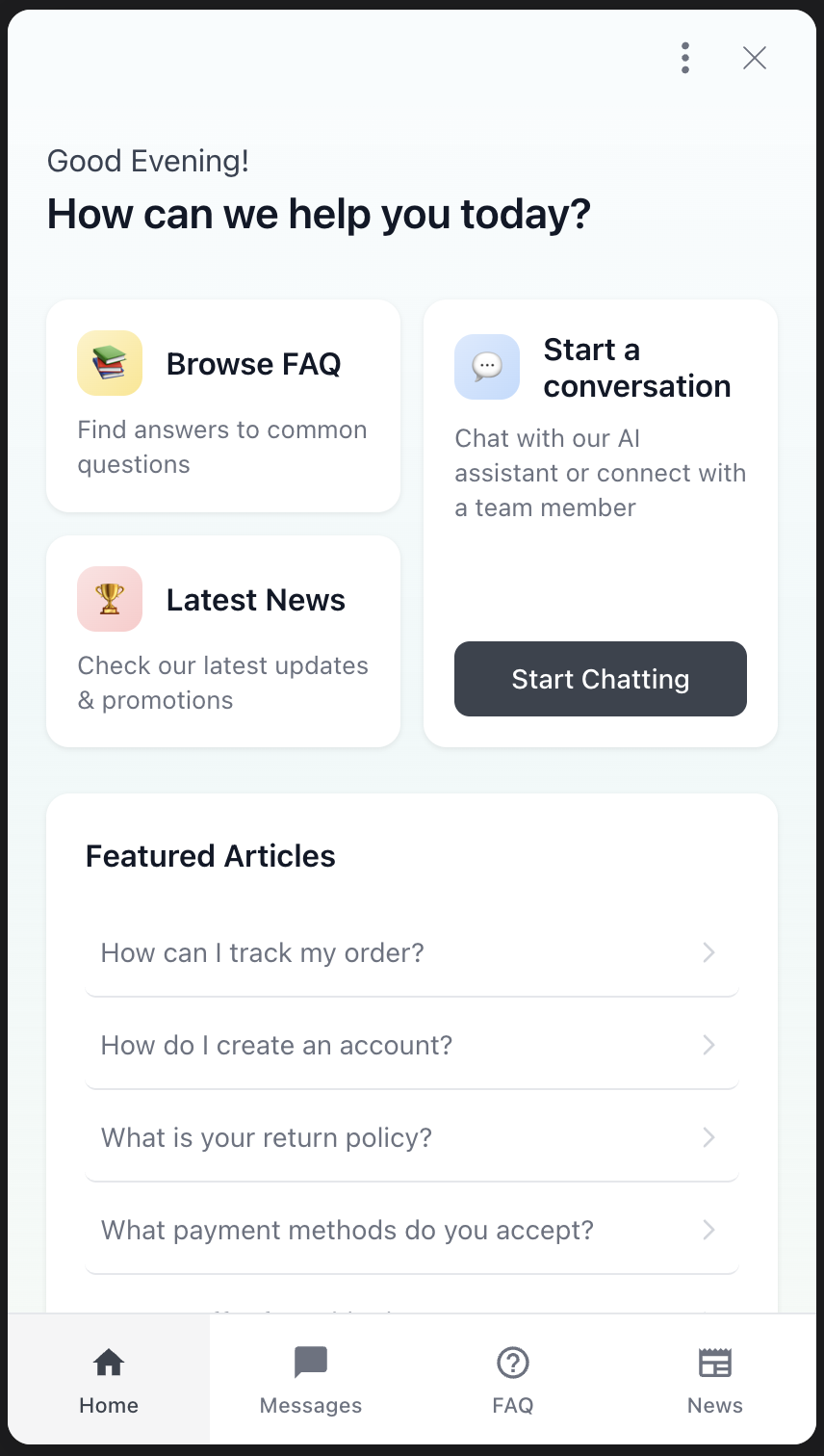 AI Chat Widget with 4 Tabs